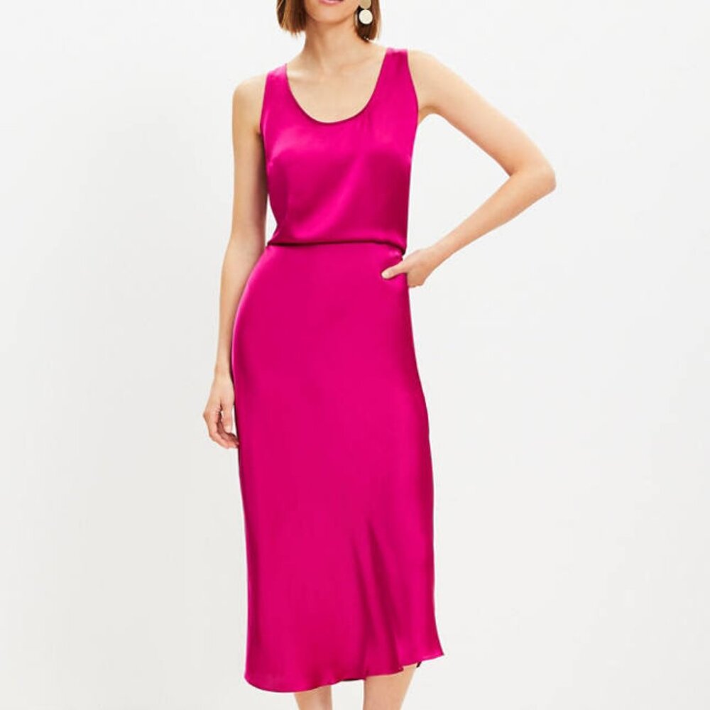 NWOT LOFT petite satin bias midi skirt in magenta sunset pink, XXSP